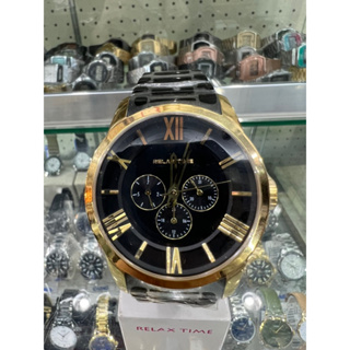 【金台鐘錶】RELAX TIME 羅馬情人 日曆腕錶- 金X黑 45mm (RT-65-3M)
