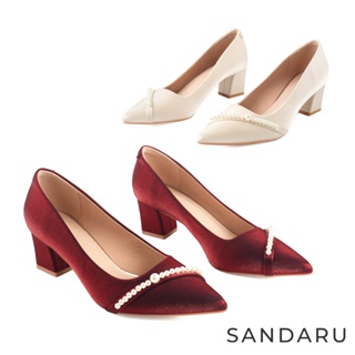 山打努SANDARU-跟鞋 尖頭珍珠斜線緞面中跟鞋