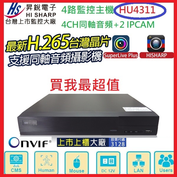【昇銳原廠公司貨】台灣製H.265 Hisharp8路8聲監視器錄影主機,同軸音頻,HU4311監視器主機