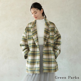 Green Parks 格紋圖案起毛感中長版翻領大衣外套(6P37L0Z0400)