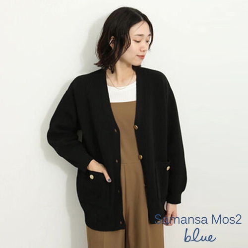 Samansa Mos2 blue 金屬釦設計口袋V領落肩開襟罩衫(FG34L2D0180)