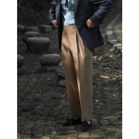 GD-C質感卡其色100%羊毛雙褶高腰義式那不勒斯復古紳士西裝褲/長褲