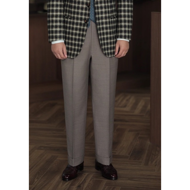 GD-C質感糙米色魚骨紋100%羊毛雙褶高腰義式那不勒斯復古紳士西裝褲/長褲