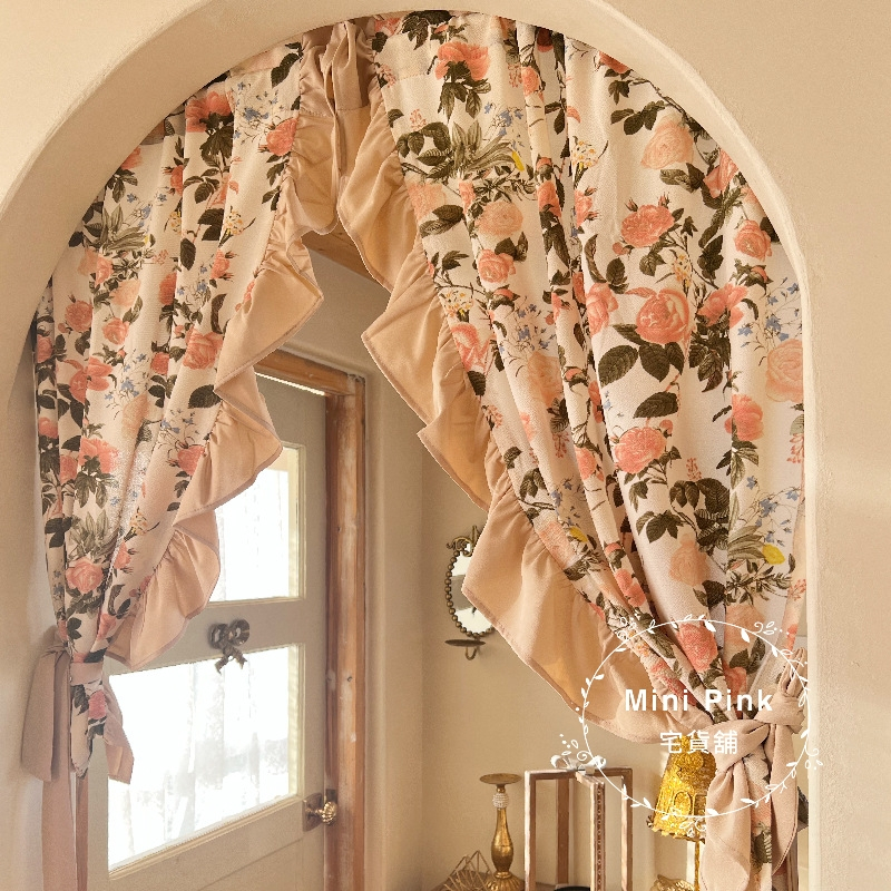 復古鄉村風 英式奶油玫瑰 荷葉邊裝飾 穿桿式掛簾 窗簾 2片組【R060】訂製款