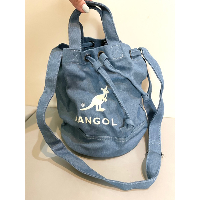 二手 KANGOL 正品 袋鼠 帆布水桶包 手提側背兩用包 水桶包 小包包 帆布包 手提包 牛仔包