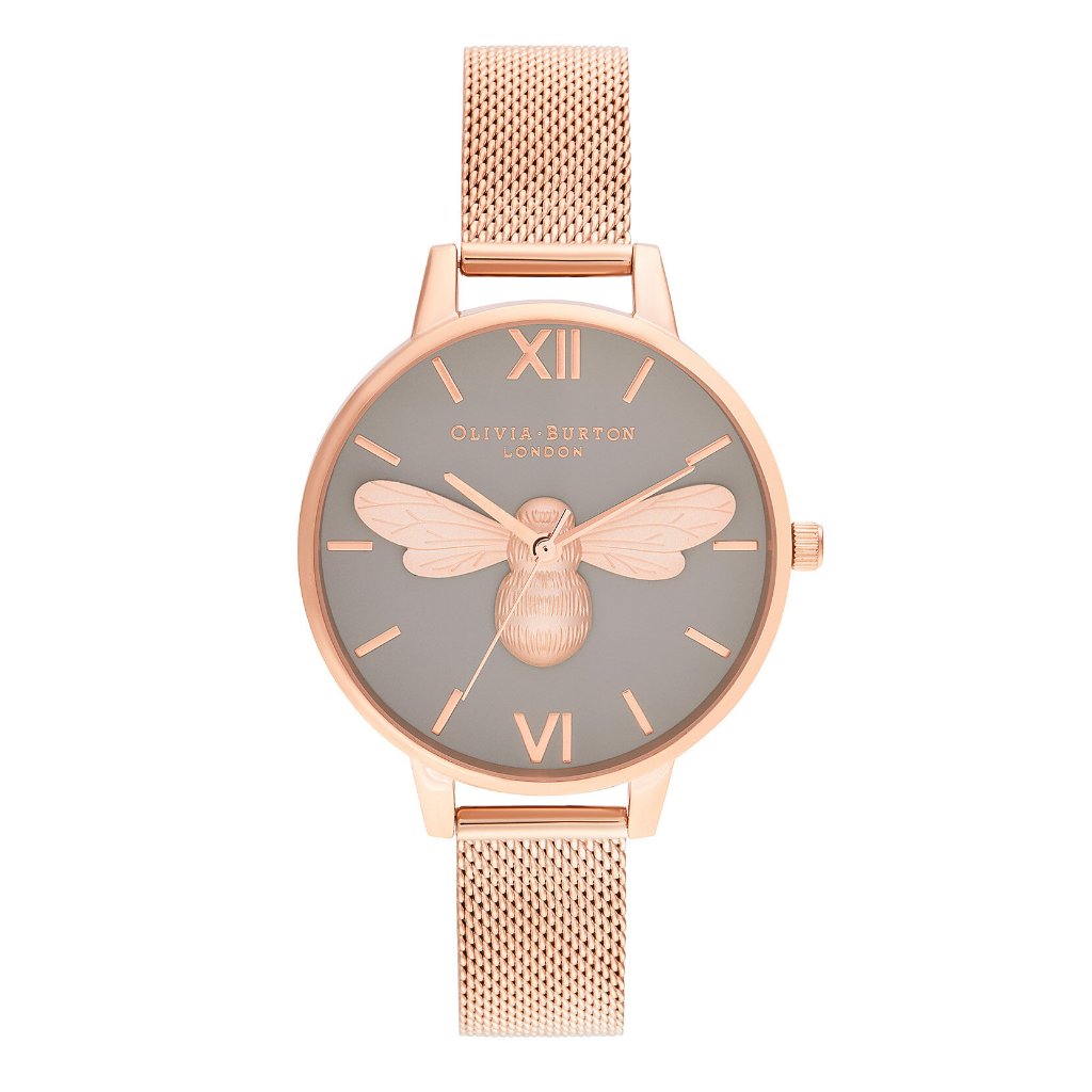 Olivia Burton Lucky Bee 蜜蜂浮雕 玫瑰金米蘭帶腕錶 34MM (OB16FB10)