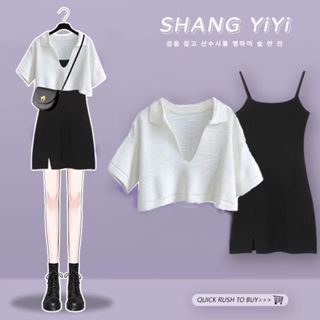 小鹿女裝🌷S-4XL短袖吊帶裙兩件套 夏季時尚穿搭 大碼女裝夏季套裝女2025新款短袖上衣女時尚顯瘦吊帶連衣裙兩件套