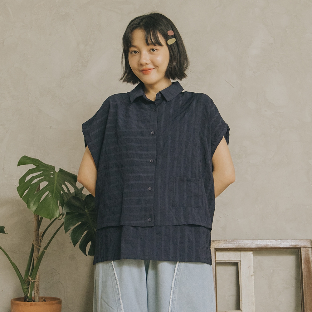 【MOSS CLUB】兩件式涼感飛鼠袖開襟短袖襯衫 藍 綠 米 (魅力商品)