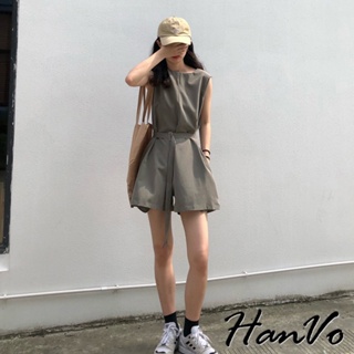 【HanVo】素色無袖連身短褲套裝 質感親膚舒適寬鬆休閒套裝 韓版女裝 女生衣著 5987
