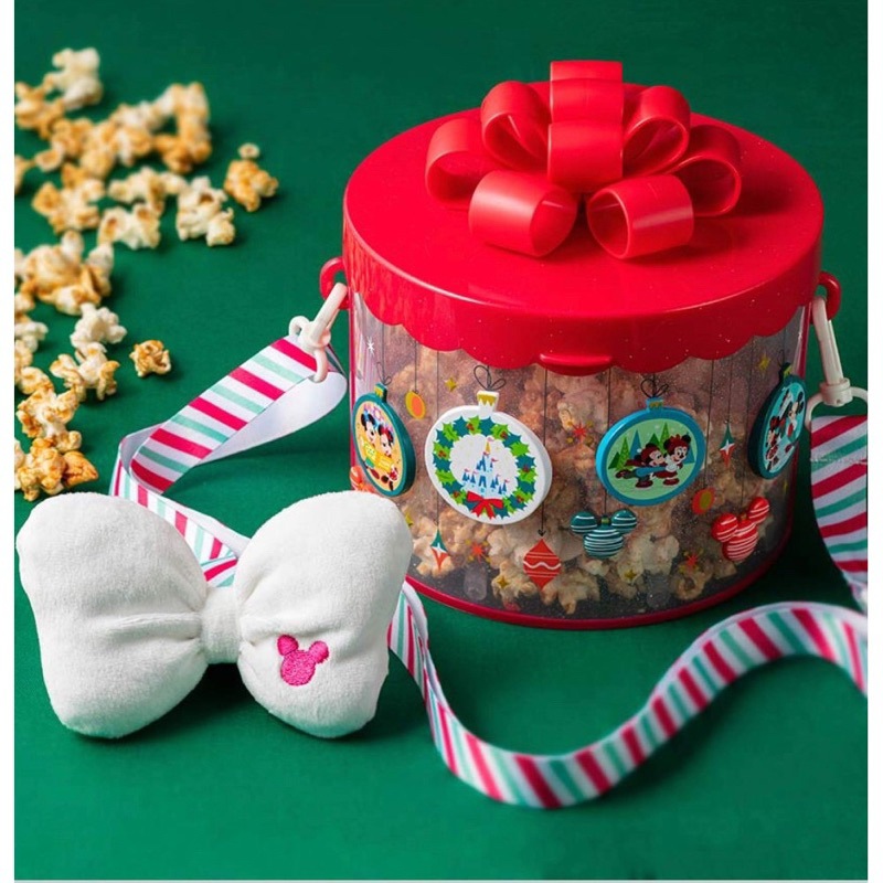東京迪士尼園區限定 Tokyo Disney Land 聖誕節 米妮 紅色蝴蝶結緞帶禮盒 禮物 透明款 爆米花桶 收納桶