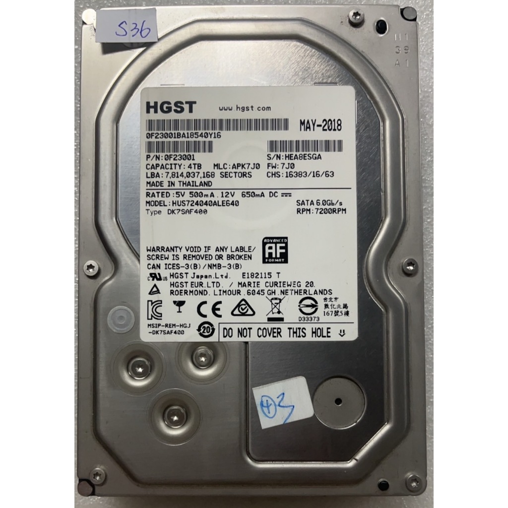 @淡水硬漢@ 良品 HGST 3.5吋 硬碟 機械硬碟 4TB 硬碟 二手 中古 已測試 編號: S36