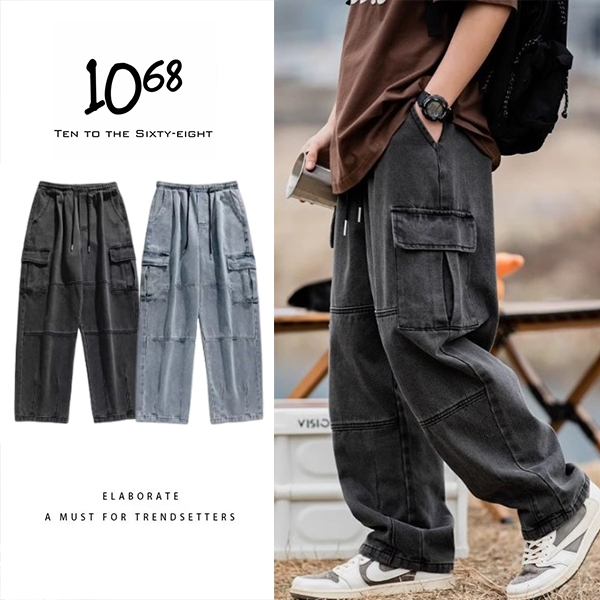 『1068』日系復古 刷舊 工裝 長褲 工作寬褲 寬版 寬褲 outdoor 鬆緊 雙立體口袋 牛仔褲 A88341