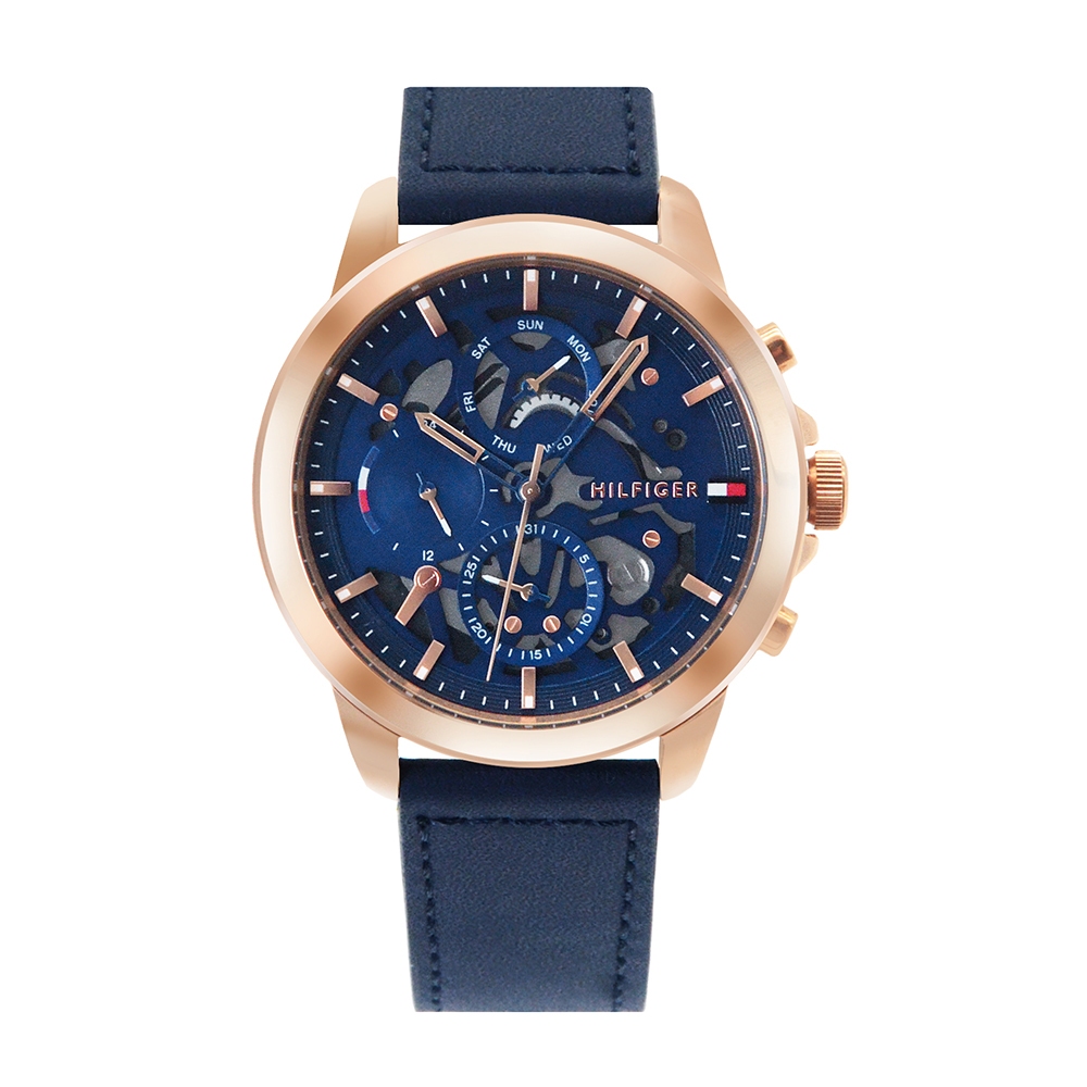 【For You】當天寄出 I Tommy Hilfiger 面板鏤空特殊設計 玫瑰金殼藍面 三眼腕錶 深藍色皮革錶帶