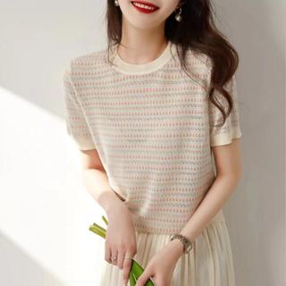 衣時尚上衣 針織衫 短袖T卹 毛線衣 新款法式輕甜溫柔風 減齡粉紅色花朵 圓領鏤空針織衫N145-7210.