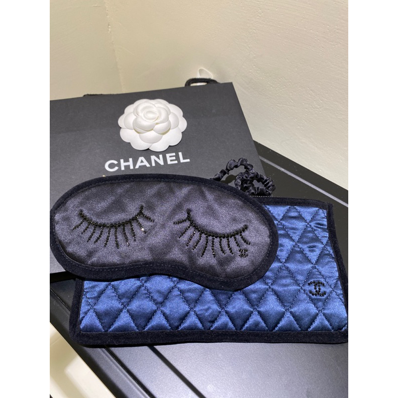 全新真品香奈兒Chanel黑藍色真絲蠶絲眼罩