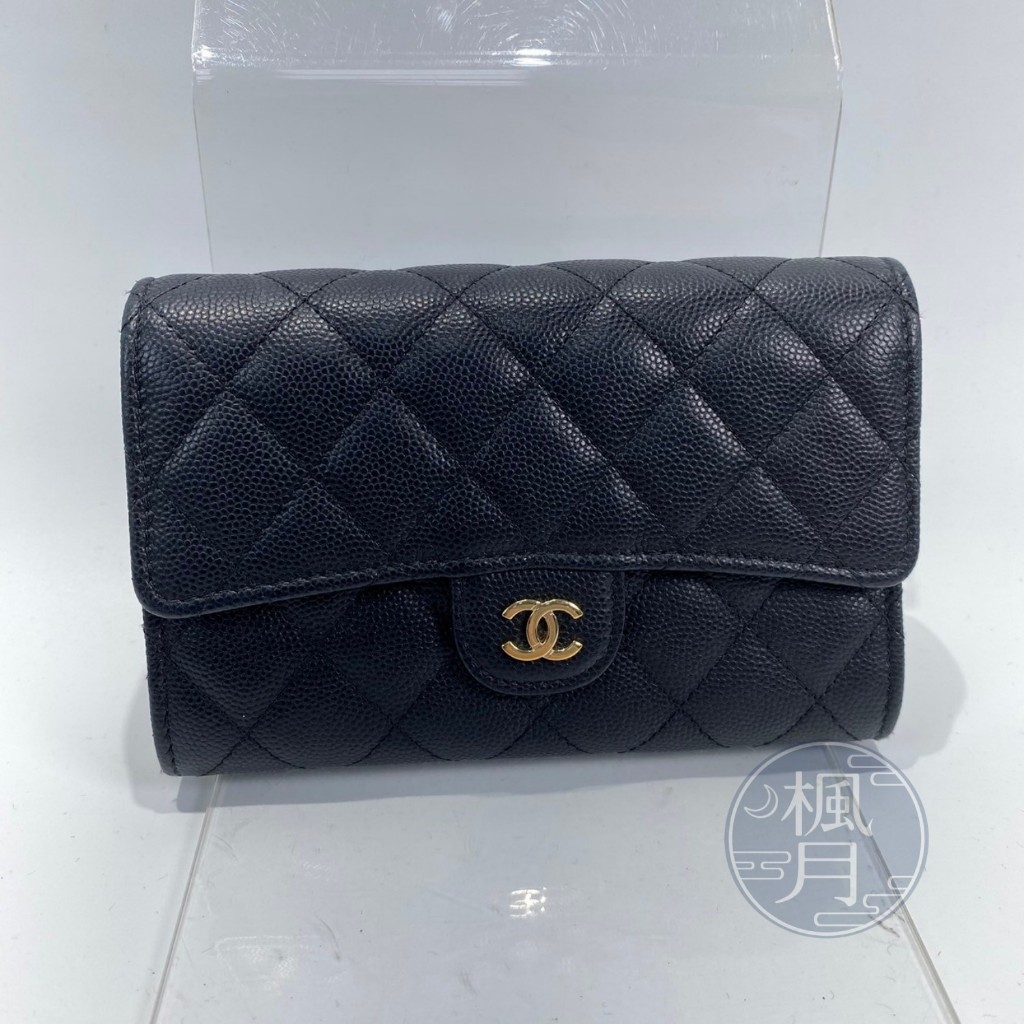 CHANEL 28開 黑荔枝菱格紋中夾 香奈兒 精品 皮夾 錢包 小皮件 配件 卡夾 真皮