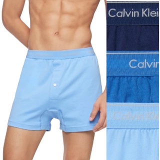 Calvin Klein 男士針織平角內褲 平口褲 四角褲 經典版型 淺藍+海軍藍+深藍 3色組盒裝 褲帶標誌 CK