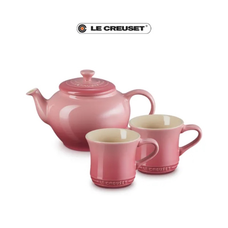 Le Creuset 瓷器茶具組-1茶壺+2馬克杯咖啡杯(薔薇粉) LC