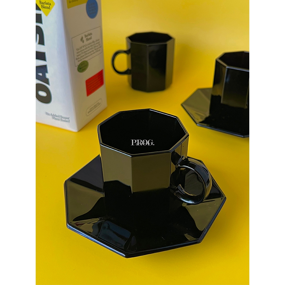 中古/ 法國1960s Arcoroc Octime 摩登八角系列 全黑玻璃中古咖啡杯盤 品牌老件 濃縮咖啡杯