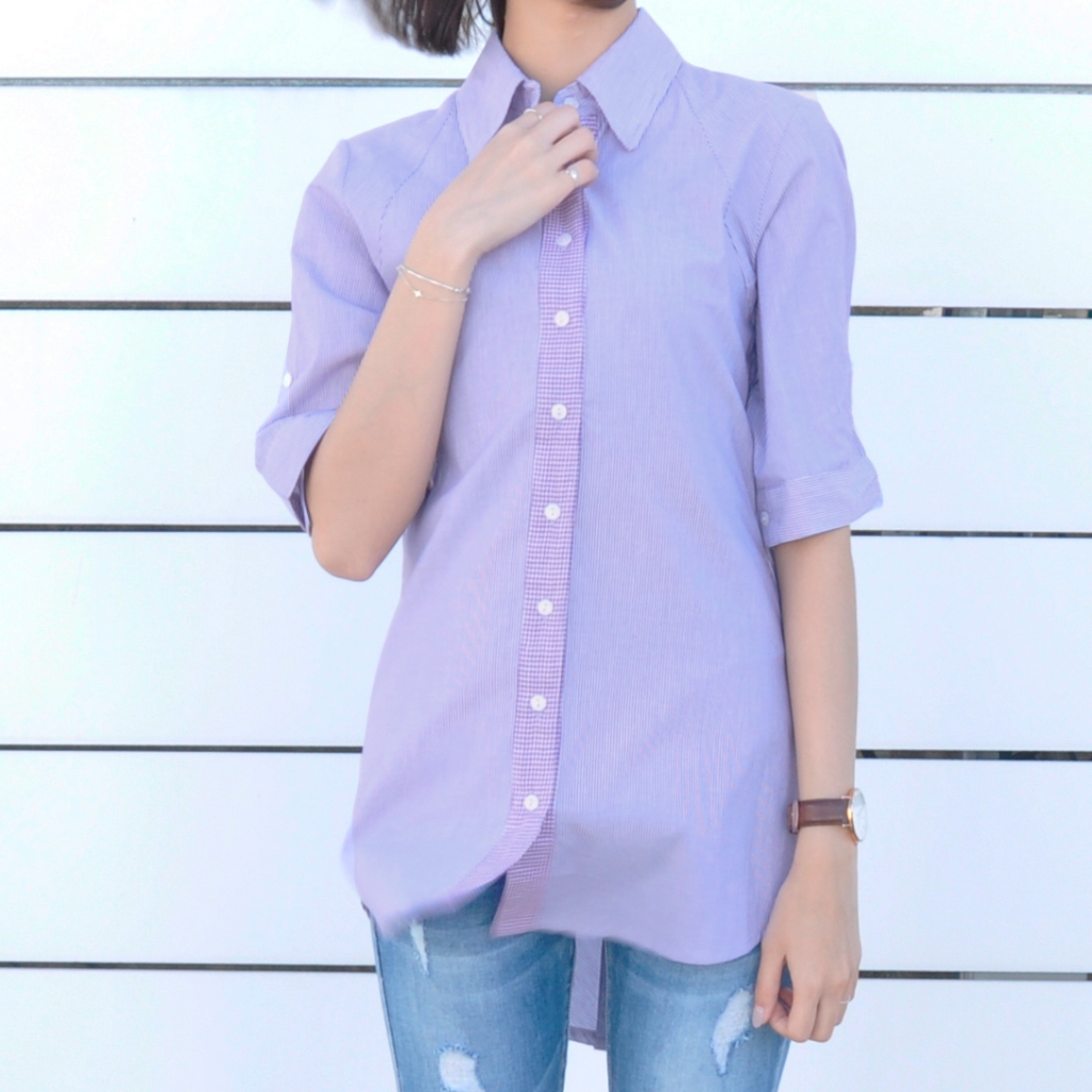 五分袖紫白直間長版拼接襯衫 色織細條純棉長版襯衫-粉紫條紋