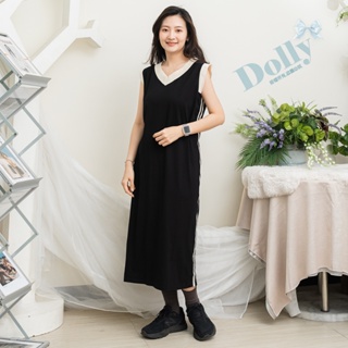 台灣現貨 大尺碼黑色V領側邊織條棉質洋裝335-Dolly多莉大碼專賣店