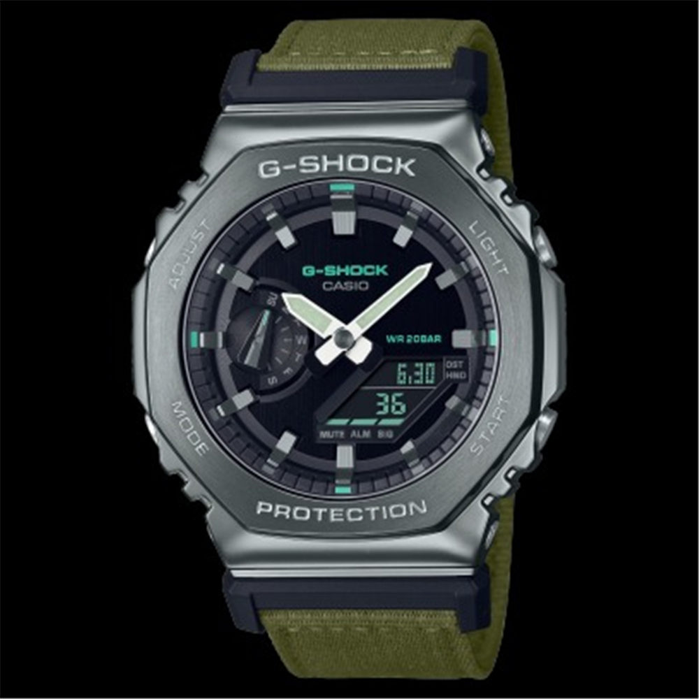 CASIO 卡西歐 G-SHOCK 金屬 八角框 編織 雙顯腕錶 - 墨綠款 GM-2100CB-3A [ 秀時堂 ]