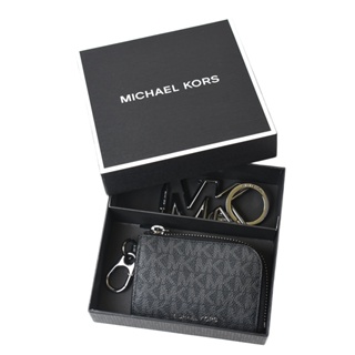 MICHAEL KORS 男款 緹花LOGO防刮L型拉鍊零錢包/鑰匙圈禮盒-黑色【美國正品 現貨】