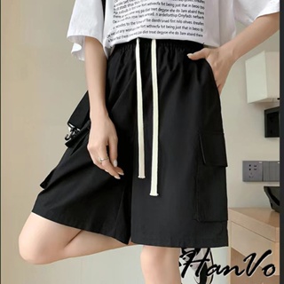 【HanVo】大口袋寬鬆工裝五分褲 薄款高腰舒適休閒短褲 韓系女裝 女生衣著 2095