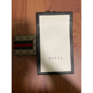 GUCCI 408827 GG Supreme經典織帶印花八卡對開短夾.駝