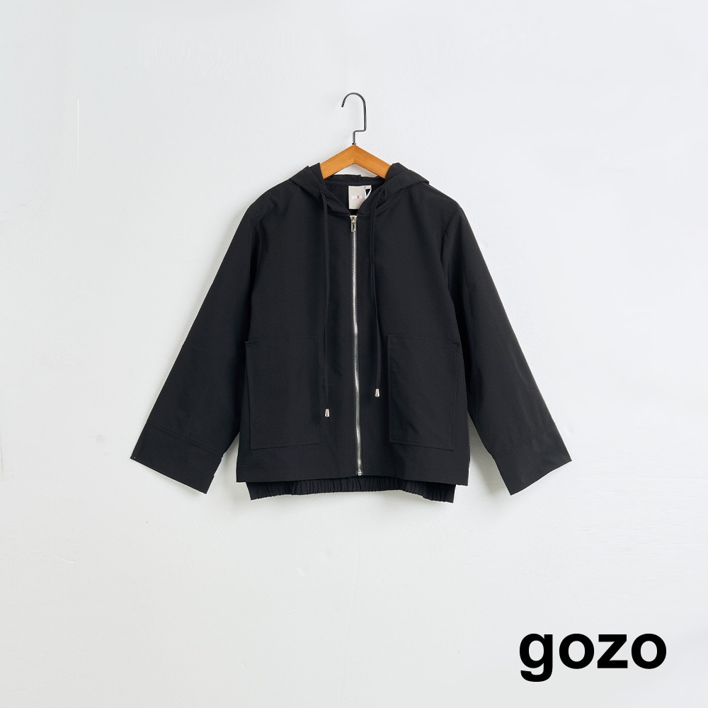 【gozo】➤大口袋抽皺連帽薄外套(黑色/卡其_F) | 女裝 顯瘦 休閒