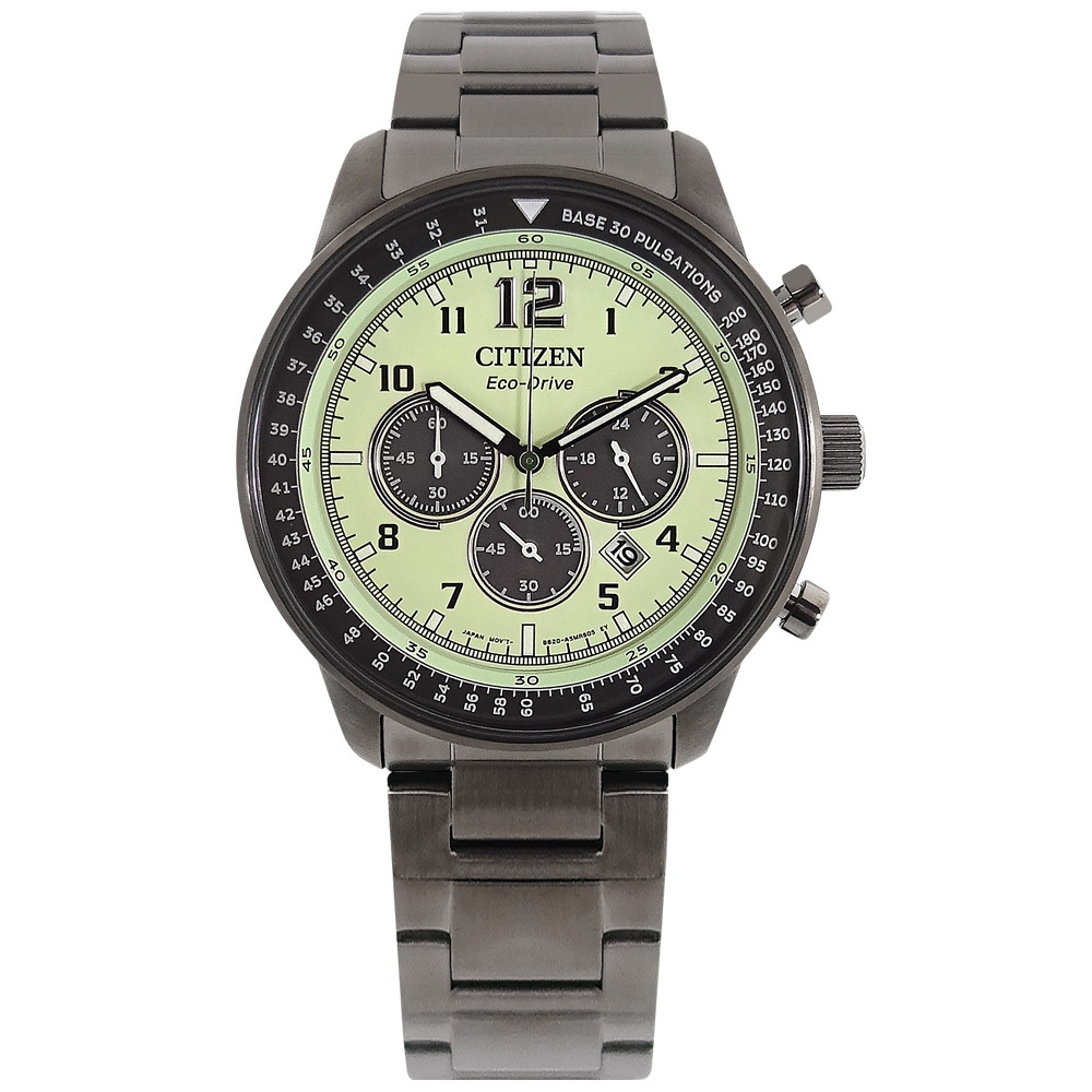 CITIZEN / 光動能 夜光型者 三眼計時 日期 不鏽鋼手錶 螢光綠x鈦色 / CA4507-84X / 44mm