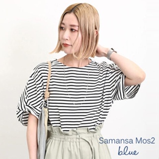Samansa Mos2 blue 絲棉觸感條紋紐結短袖造型上衣(FG42L1C0680)