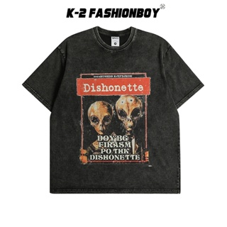 【K-2】dishonette ET 外星人 異型 圖像 噴墨印刷 水洗 復古 落肩短T 水洗短T 上衣【HX6641】