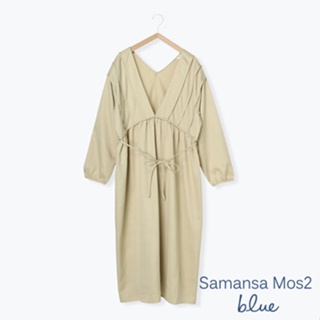 Samansa Mos2 blue 優雅V領蓬袖滾邊後繫帶洋裝(FG11L0H0480)