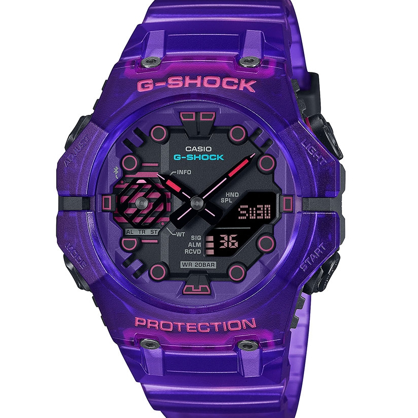 CASIO卡西歐 G-SHOCK 藍牙 科幻時尚  碳纖維防護雙顯電子錶-透明紫 (GA-B001CBRS-6A)