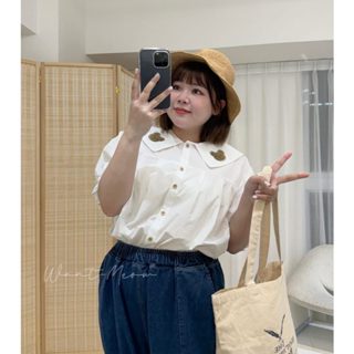 Want-Meow招財貓旺鋪/臺灣現貨/９５公斤可穿/獨家原創設計童趣日雜風熊熊兔耳寶寶領上衣/襯衫/中大尺碼上衣