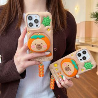 立體卡皮巴拉 好柿發生 可伸縮支架iPhone15 Promax 14Pro手機殼軟矽膠女帶掛墜蘋果13 12防摔保護套