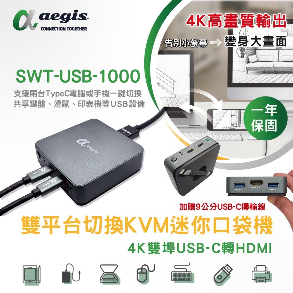 【aegis艾吉斯】4K Type-C KVM切換器 雙埠USB-C轉HDMI螢幕轉換器 二進一出 USB鍵盤滑鼠分享器