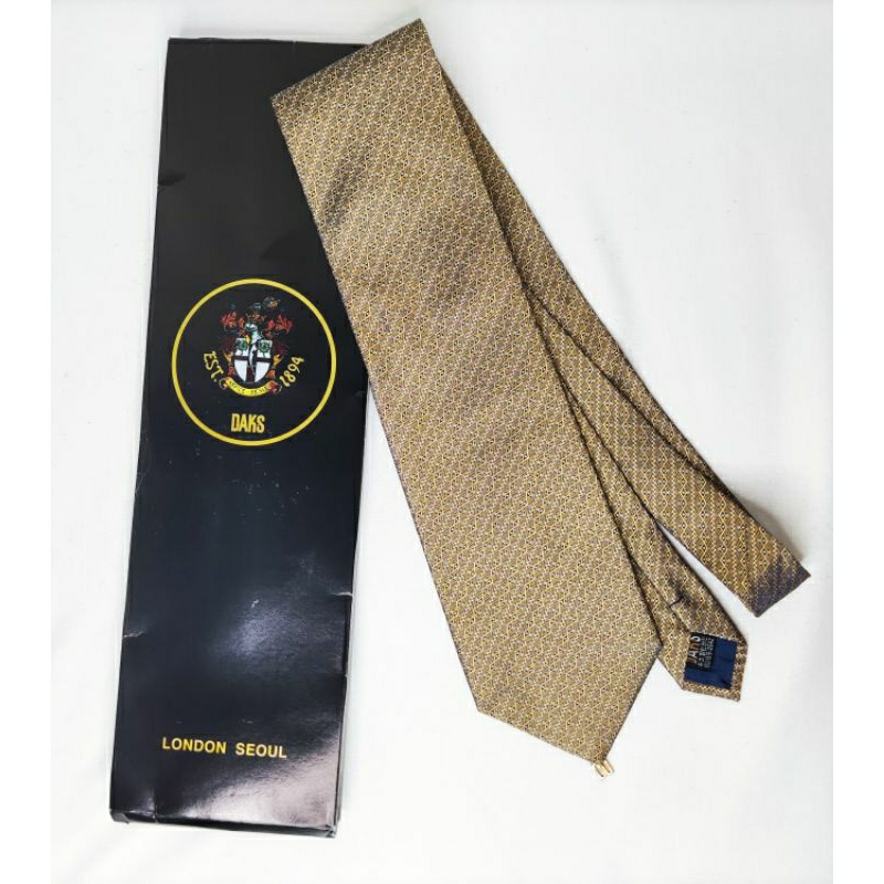 DAKS 義大利製100%絲質金色灰藍格斜條紋領帶