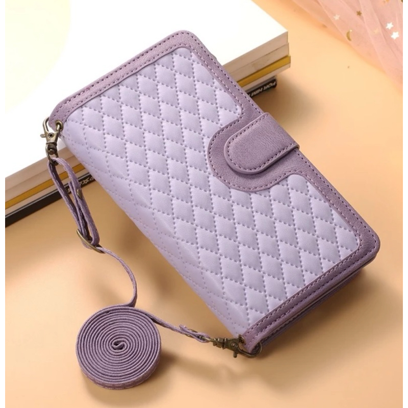 全新兩用皮套蘋果手機殼紫色iPhone 12/12 Pro斜跨長短帶格子拉鏈錢包磁吸搭扣支架皮夾