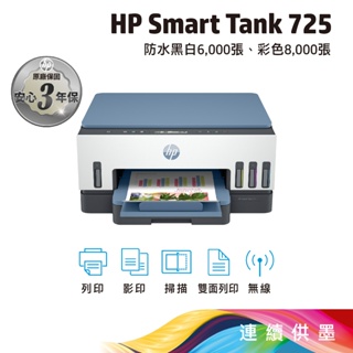 《一日活動價》HP Smart Tank 725 連續供墨噴墨印表機(28B51A) 內含原廠墨水