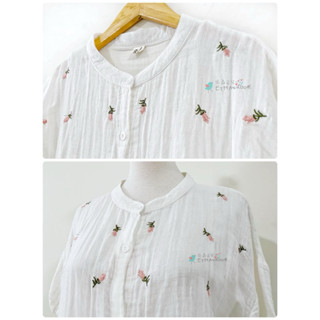 依森朵兒🌿 日系森林系清新甜美氣質小立領刺繡小粉花排釦軟棉紗襯衫上衣/ 純白
