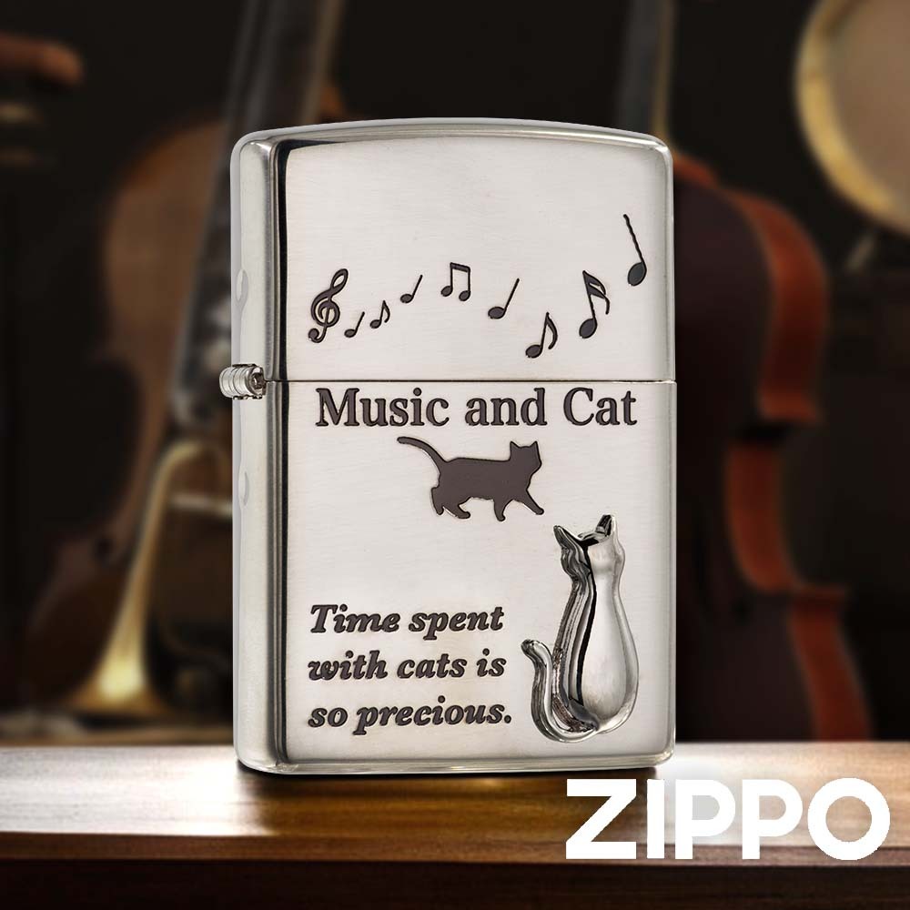 ZIPPO 樂曲&貓(銀色)防風打火機 ZA-6-J14 銀色機身 樂曲和字母 神秘感 終身保固