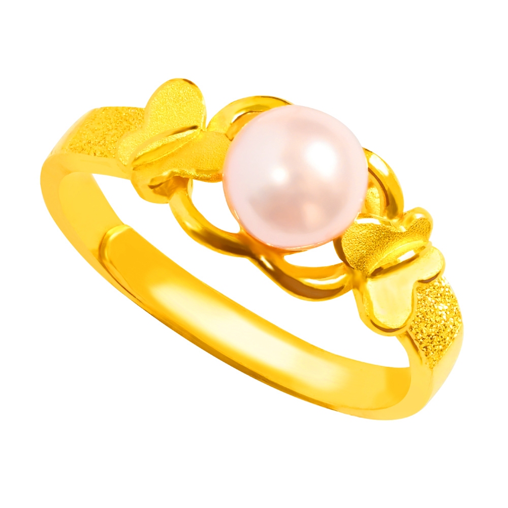 【元大珠寶】『蝴蝶珍珠』晶鑽水晶珍珠6mm黃金戒指 活動戒圍-純金9999國家標準2-0234