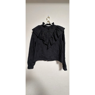 ZARA 黑色荷葉領長袖上衣