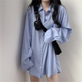 ZUCAS~韓版寬鬆男友風防曬絲滑墜感長袖襯衫 薄外套 外套 女裝 衣服 寬鬆上衣 襯衫 長袖t恤- S-119