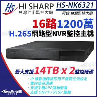 昇銳 HS-NK6321 H.265 1200萬 16路 4K 雙硬碟 監控主機 雙向語音 NVR 網路型錄影主機