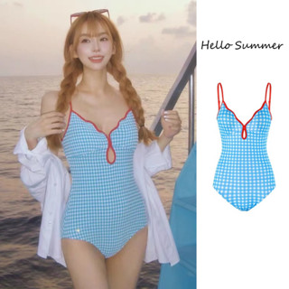Hello Summer現貨快速出貨❤️拼色格子連身泳衣無鋼圈綁帶露背泳衣 2937