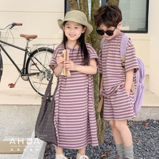 AHUA阿華有事嗎 休閒紫咖條紋短袖童套裝 親子裝 TT0071 可愛童裝 親子裝 童洋裝 (預購)