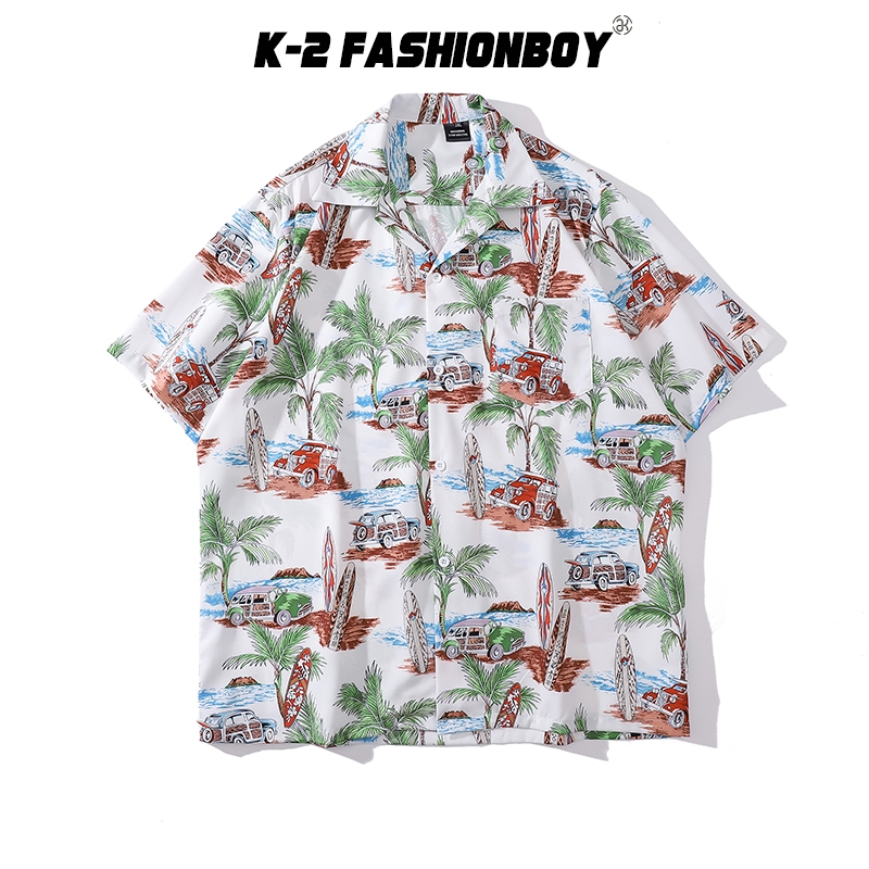 【K-2】椰子樹 紅色 汽車 滿版 襯衫 花襯衫 CHILL 渡假 穿搭 男女不拘 寬鬆 翻領設計【HX7838】